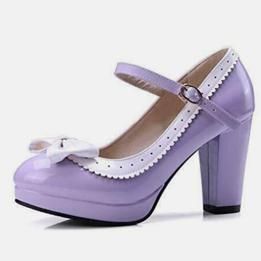 Women’s Purple Chunky Heel Mary Jane Pumps Cute Bow Round Toe Size 10 (EU42) NEW